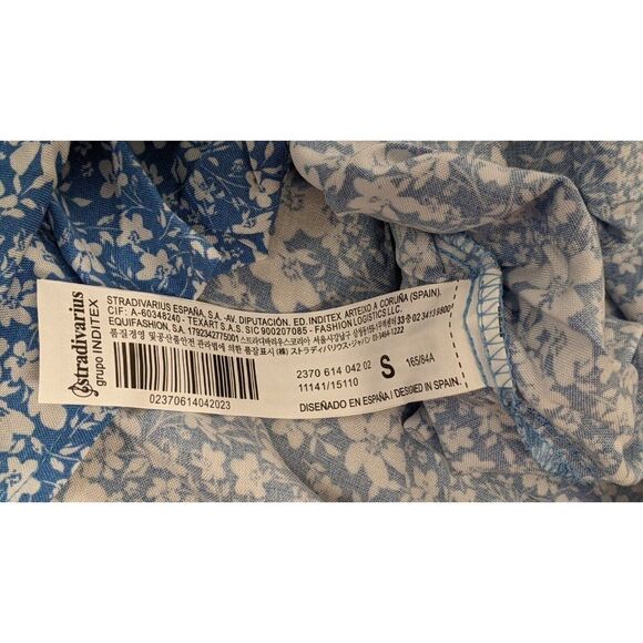Stradivarius Womens Small Blue Floral Bishop Sleeve Ruffle Hem Mini Shirt Dress - Picture 7 of 8
